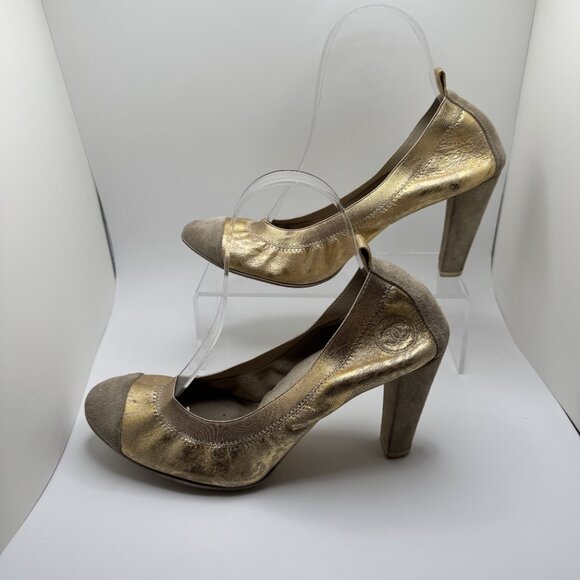 Chanel Scrunch Pumps Suede Cap Toe Leather Rubber Sole Slip-On Gold/Grey 41.5 - Picture 8 of 16